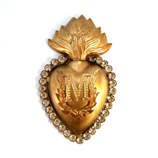 5.25in Rhinestone Sacred Heart Ex Voto with Metal Initial Embellishment, Antique picture