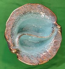 Vtg Cal Style Pottery Divided Ceramic Dish Aqua And Gold Shiny Glaze Candy #2229 picture
