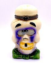 Greenbrier Int’l Vintage Ceramic Skull Halloween Trinket Box Bowtie Rare Hinged picture
