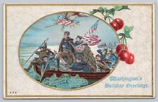 Postcard George Washington's Birthday Greetings Boat, Eagle, Flags, Patriotic picture