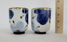 Japanese sho ho gama TEACUP  2 pcs, hand painted & signed blue flowers picture