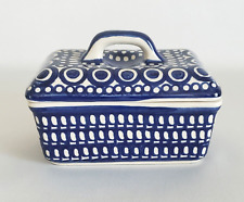 Vintage WIZA Polish Pottery Hand Made/Painted Butter Tub Blue Dots 5.5