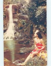 Pre-1980 Risque PRETTY HAWAIIAN GIRL AT WATERFALL Honolulu Hawaii HI hn4371 picture