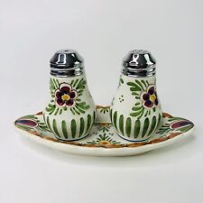 Vintage Delft Polychomatic Salt & Pepper Shakers Floral Plate Holder Centerpiece picture