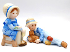 Holly Hobbie miniature porcelain figurine . Lot of 2 . Girl w Book & Boy w Puppy picture