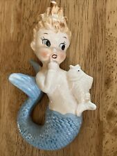 Vintage Blue Mermaid Holding Fish Anthropomorphic-Wall Plaque-Norcrest-Bradley picture