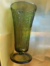 Vintage Depression Green Glass Vase with Grapes and Leaves On It picture