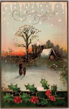 1910s MERRY CHRISTMAS Embossed Greetings Postcard Winter Church Scene Serie 1310 picture