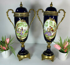 PAIR limoges decor cobalt blue porcelain urns vases romantic decors  picture
