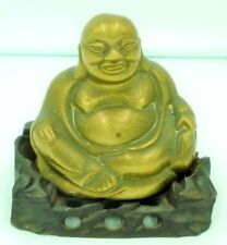 VINTAGE FENGSHUI SOLID BRASS HAPPY BUDDHA FIGURINE WOODEN BASE picture