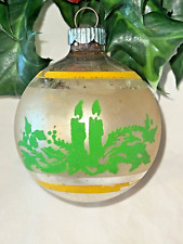 Vintage SHINY BRITE Mercury Glass CANDLES HOLLY Stenciled GREEN Christmas Ball picture