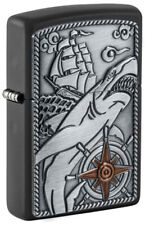 New Zippo Nautical Pirate Ship Shark Emblem Lighter Black Matte Finish 48120 picture