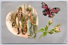 Valentine~Elegant Regency Couple In Heart~Butterfly~Pink Moss Roses~Silver Back picture