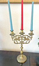 VINTAGE CANDELABRA SOLID BRASS 3 CANDLE HOLDERS JUDAIC LIONS OF JUDEA picture