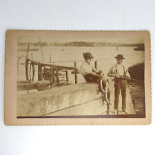 Vintage Cabinet Card Photo Antique Original Candid Boys Fishing Sepia Gold Edge picture