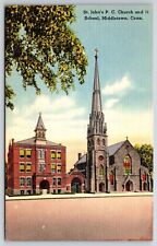 Middletown Connecticut~Saint Johns Roman Catholic Church & School~1930s Linen PC picture