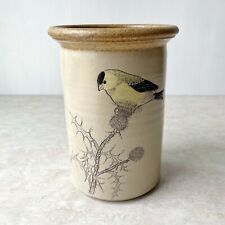 Studio Art Pottery Stoneware Vase Jar Yellow Goldfinch Bird on Thistle Signed 6” picture