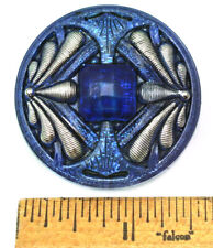 42mm Vintage Czech Glass Nouveau Double Dragonfly Blue GLITTER w/Silver Button  picture