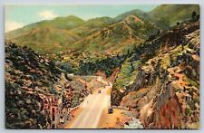 Manitou Surrounded By Hills Seen From Ute Pass Colorado Postcard Linen Old Cars picture
