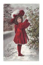 1908 CHRISTMAS VINTAGE POSTCARD CHARMING GIRL IN RED CHRISTMAS COAT picture