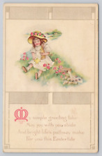 Vtg Post Card Easter Poem Girl In Dress With Bunny, Chick, & Flowers G199 picture