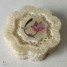 Vintage Carved Soap Stone Pink Flower Inlaid Trinket Box 4” picture