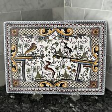 Vintage Hand Painted Portugal Ceramic Rectangular Footed Trivet Birds and Deer picture