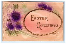 Embossed Easter Greetings Postcard Violets Gold Laced Egg D1 picture