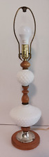 Vintage Mid Century Modern Milk Glass Hobnail & Wooden Table Lamp picture