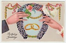 Otto Schloss Vintage Birthday Postcard Hands Dove Gold Wedding Rings Horseshoe  picture