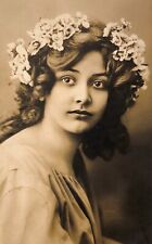 1900s Portrait Beauty Girls Flower Head Wreath B&W ANTIQUE POSTCARD picture