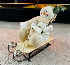 stuffed plush snowman ridding sleigh country cottage core Christmas winter deco picture