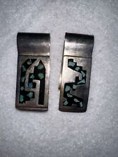 VINTAGE SILVER MONEY CLIP SET 2 NATIVE AMERICAN TURQUOISE CHIP INLAY 2 1/4” picture