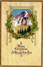 VTG 1910's Mountain Range Holly Berries Gold Embossed Merry Christmas Postcard picture
