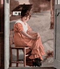 C.1910s Beautiful Woman On Porch. Storm Clouds. Art. Pink Dress. Vintage Card picture