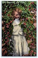 c1910's Pretty Girl Curly Hair Cherries Are Ripe Unposted Antique Postcard picture