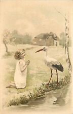 A.& M.B. Postcard No.S50, Little Child Kneels Before Stork, Wants a Baby Sibling picture