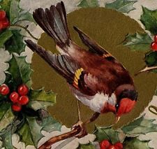 1907-15 Best Wishes For Xmas Postcard Bird Holly Berries Gold Gilt Edge Embossed picture