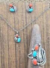 VTG Sterling Silver Native American Parure Jewelry Set Turquoise & Coral 3 Pc picture
