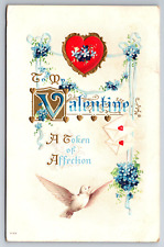 Vintage Postcard Valentines Embossed Dove Blue Flowers Red Heart c1915 picture