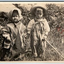 c1910s Adorable Children Farmers RPPC Outdoors Overalls Cute Boy & Girl PC A191 picture