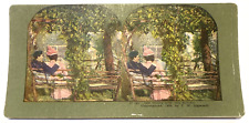 Antique Stereoview Card No 47 Idle Time With His Summer Girl Green Border picture
