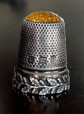 Antique size 6 Sterling Silver Thimble Stone Top Leaves Pattern Germany #6 picture