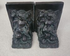 Antique Art Nouveau Deco Bronze Finished Metal Cherub and Butterfly Bookends picture