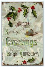 1912 Christmas Greetings Holly Gel Gold Gilt Embossed Cannon City CO Postcard picture