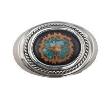 Vintage Western Belt Buckle Silver With Turquoise Mosaic  picture