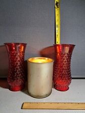 2 Red Glass Vases with candles in them & Cream Glass Candle Holder #2619L229 picture