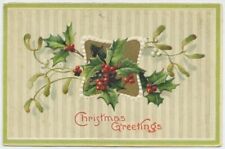 Christmas Greetings Striped Back Holly Branches Berries 1910 Antique Postcard picture