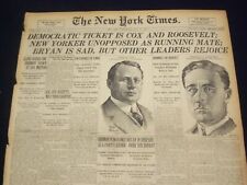 1920 JULY 7 NEW YORK TIMES - DEMOCRATIC TICKET IS COX AND ROOSEVELT - NT 9323 picture