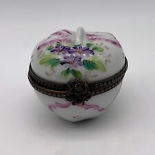 Limoges Rochard France Porcelain Trinket Apple w/Purple Posies Pink Ribbon picture